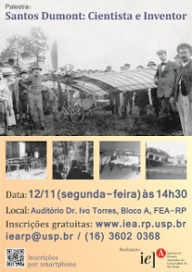 Cartaz da palestra sobre Santos Dumont que será realizada em Ribeirão Preto